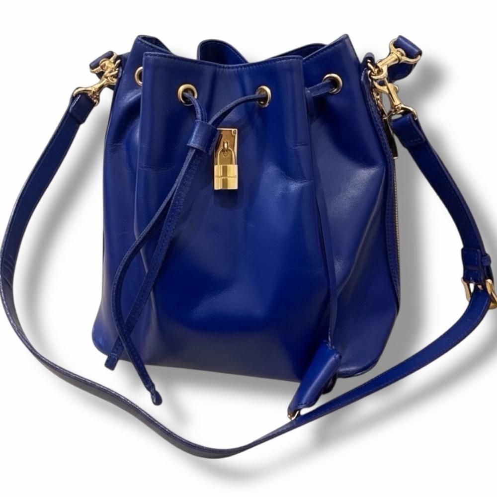 Samantha Thavasa Blue Leather Drawstring Bucket Bag Gold Hardware Crossbody - Picture 2 of 9